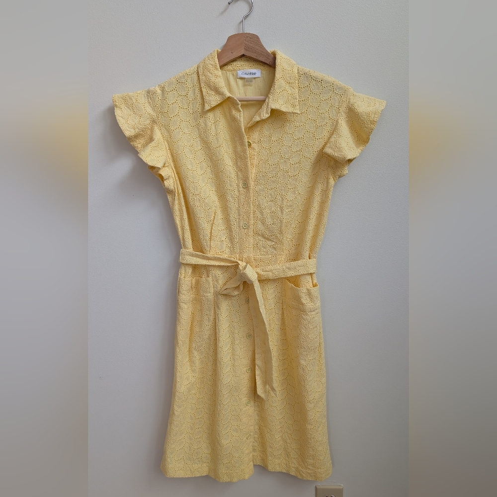 Calvin Klein Yellow Eyelet Cotton Shirt Dress Belted Size 4